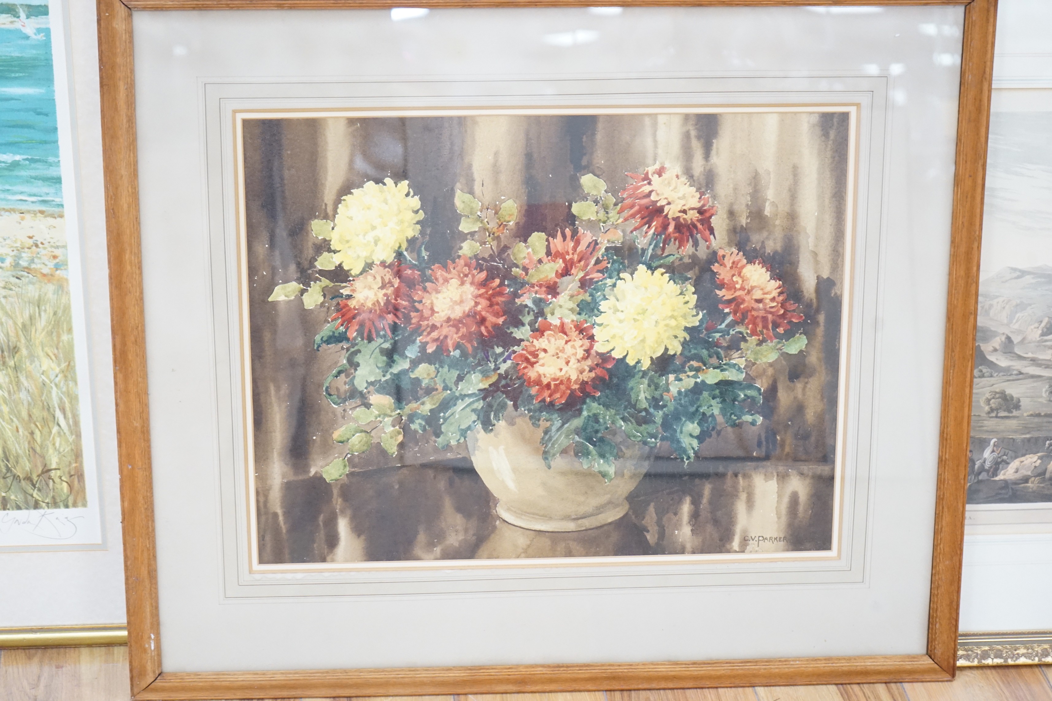 Cyril Victor Parker, R.I. (1897-1984), watercolour, 'Chrysanthemums', signed, 46 x 59cm and a limited edition print by Gordon King, 'Carmel', 81 x 45cm